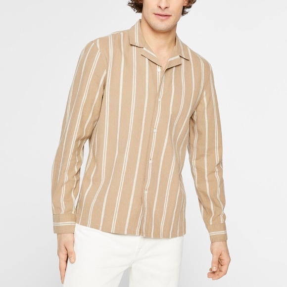 Camp Collar Striped Linen Blend Shirt - New With Tags - NEVER WORN - Lt Brown